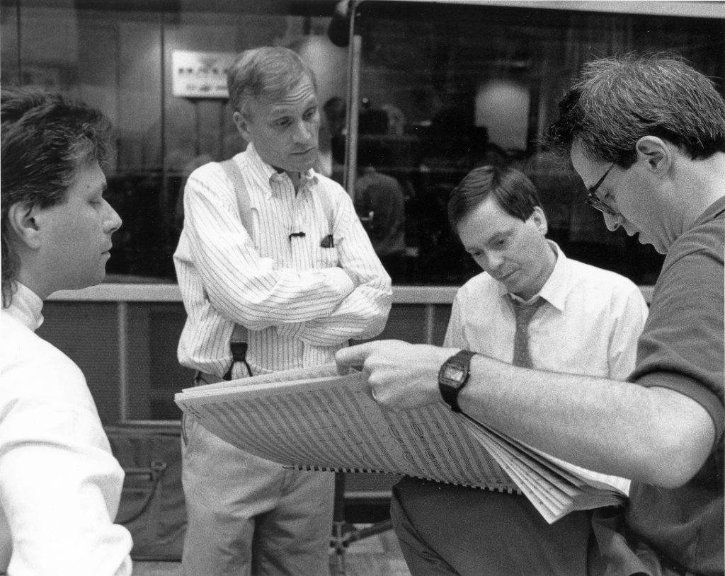 Behind the scenes of "Beauty and the Beast." for the movie "Beauty and the Beast." NOVEMBER 1991. Alan Menken, Howard Ashman, Danny Troob, and David Friedman.