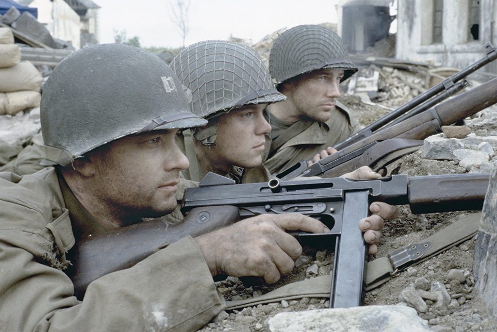 Tom Hanks, Matt Damon, and Edward Burns in Saving Private Ryan.