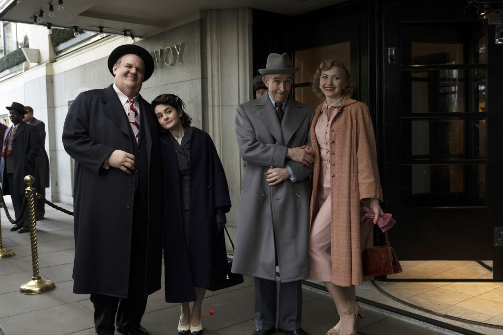 John C. Reilly as Oliver Hardy, Shirley Henderson as Lucille Hardy, Steve Coogan as Stan Laurel, and Nina Arianda as Ida Laurel in Stan and Ollie.