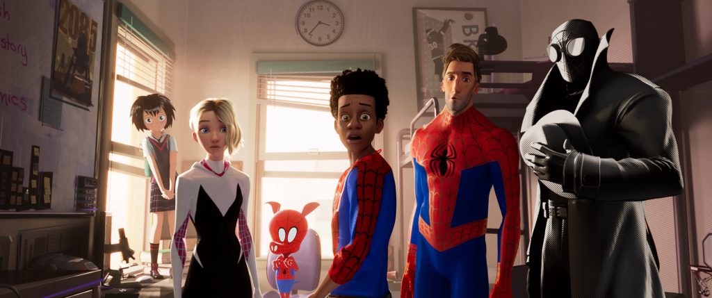 Peni (Kimiko Glen), Spider-Gwen (Hailee Steinfeld), Spider-Ham (John Mulaney), Miles Morales (Shameik Moore), Peter Parker (Jake Johnson), Spider-Man Noir (Nicolas Cage) in Sony Pictures Animation's SPIDER-MAN: INTO THE SPIDER-VERSE.