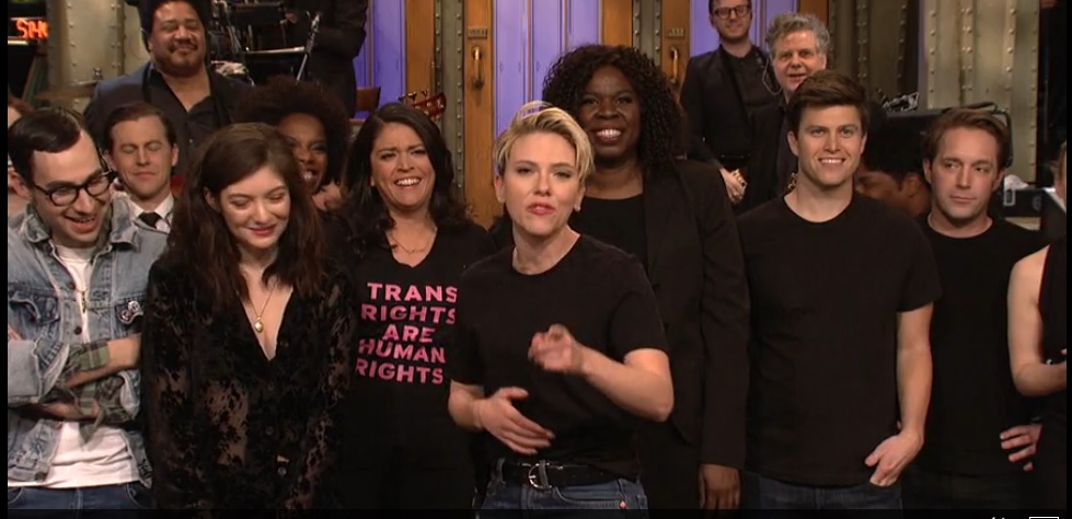 Cecily Strong wears a "Trans Rights are Human Rights" shirt during the Saturday Night Live goodnights when Scarlett Johansson hosted SNL on March 11, 2017.