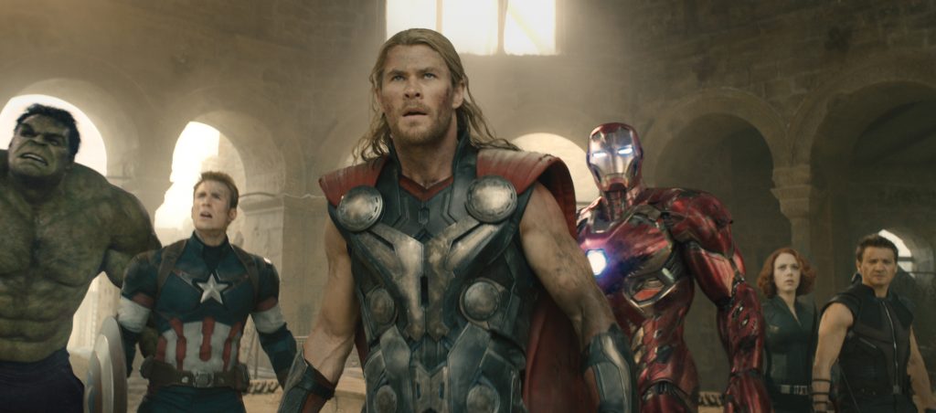 Hulk (Mark Ruffalo), Captain America (Chris Evans), Thor (Chris Hemsworth), Iron Man (Robert Downey Jr.), Black Widow (Scarlett Johansson), and Hawkeye (Jeremy Renner) in Avengers: Age of Ultron.