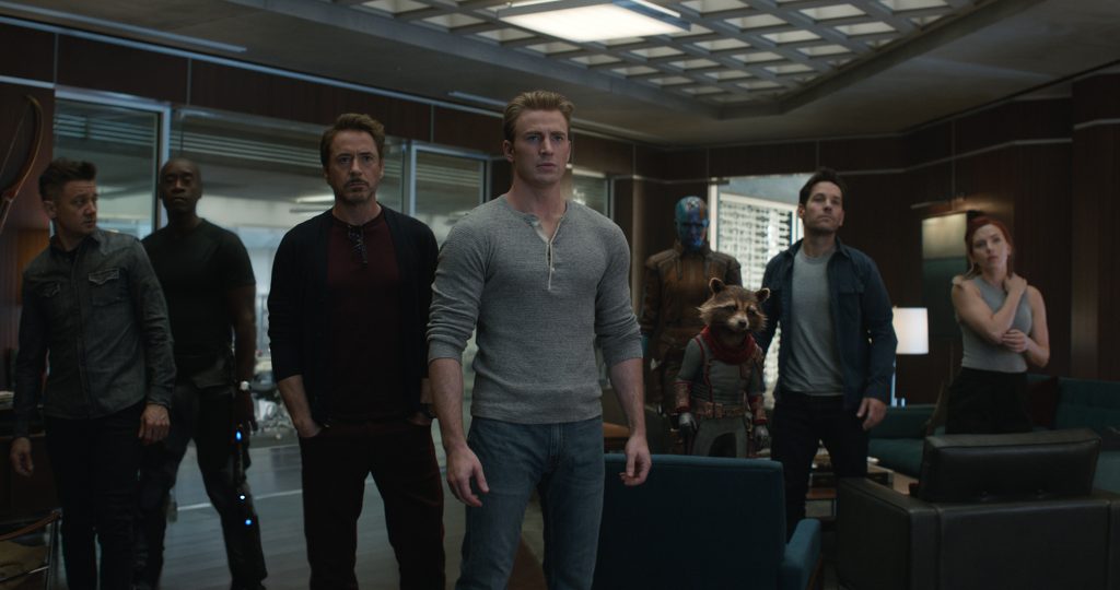 L to R: Hawkeye/Clint Barton (Jeremy Renner), War Machine/James Rhodey (Don Cheadle), Iron Man/Tony Stark (Robert Downey Jr.), Captain America/Steve Rogers (Chris Evans), Nebula (Karen Gillan), Rocket (voiced by Bradley Cooper), Ant-Man/Scott Lang (Paul Rudd) and Black Widow/Natasha Romanoff (Scarlett Johansson) in Avengers: Endgame.