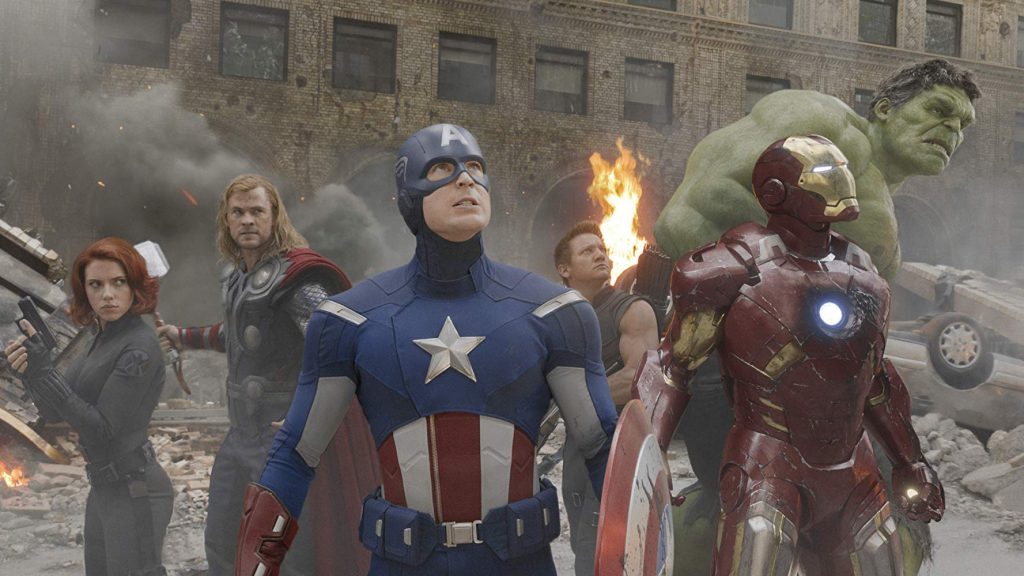 Scarlett Johansson, Chris Hemsworth, Chris Evans, Jeremy Renner, Robert Downey Jr., and Mark Ruffalo in The Avengers