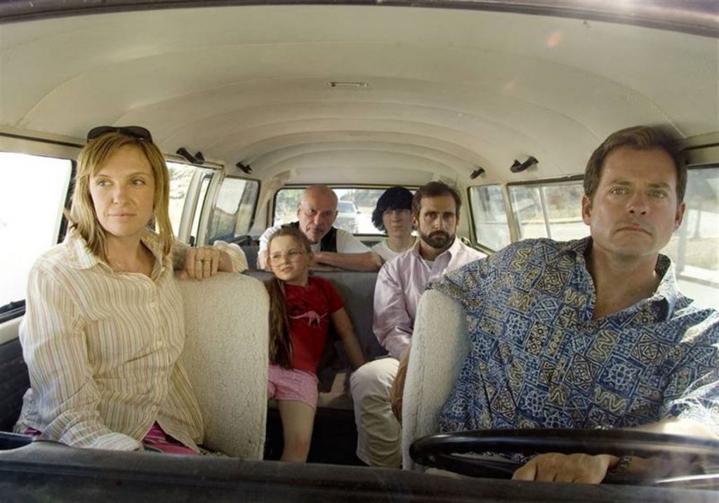 Toni Collette, Abigail Breslin, Alan Arkin, Paul Dano, Steve Carell, and Greg Kinnear in Little Miss Sunshine.