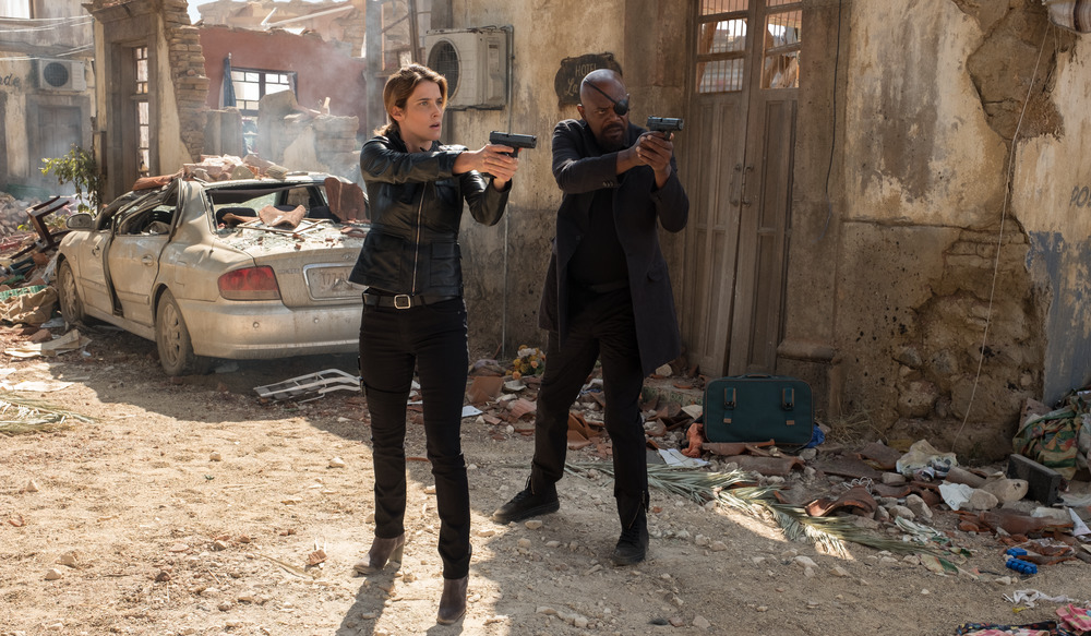 Maria Hill (Cobie Smulders) and Nick Fury (Samuel L. Jackson) in Columbia Pictures' Spider-Man: Far From Home