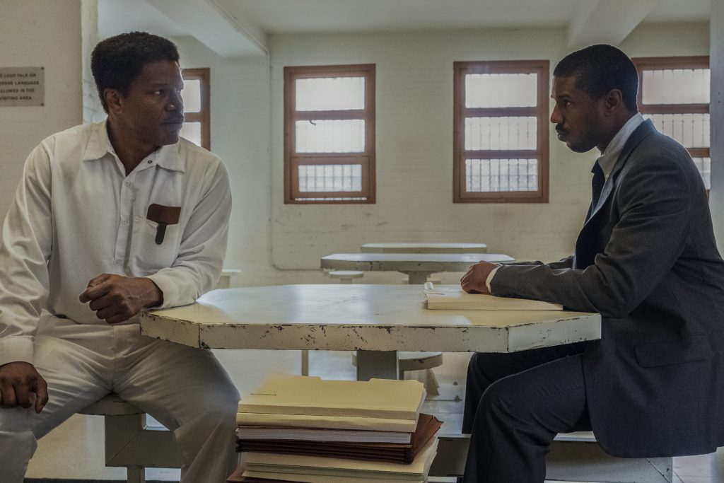 Jamie Foxx as Walter McMillian and Michael B. Jordan as Bryan Stevenson in Just Mercy