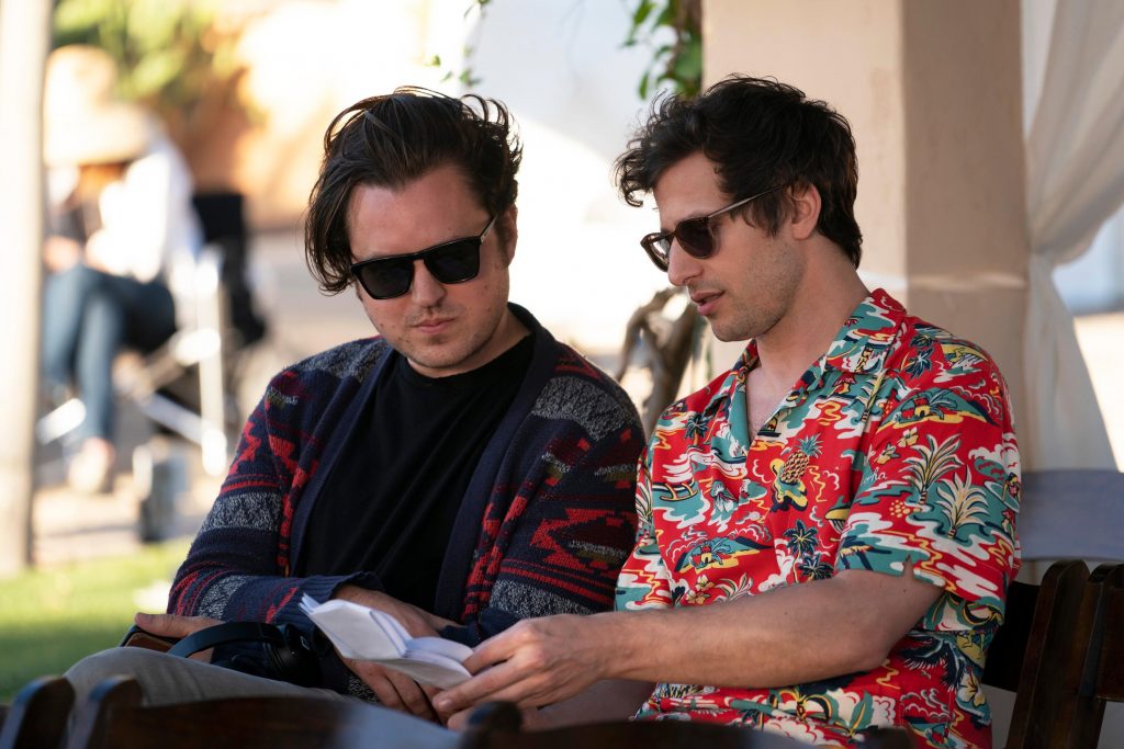 Andy Siara and Andy Samberg on the set of Palm Springs.