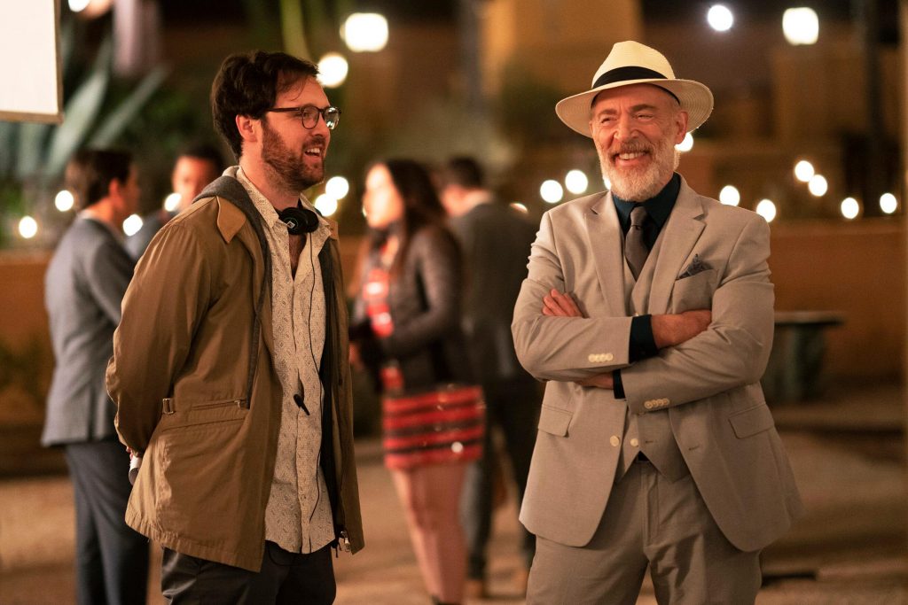 Max Barbakow and J.K. Simmons on the set of Palm Springs.