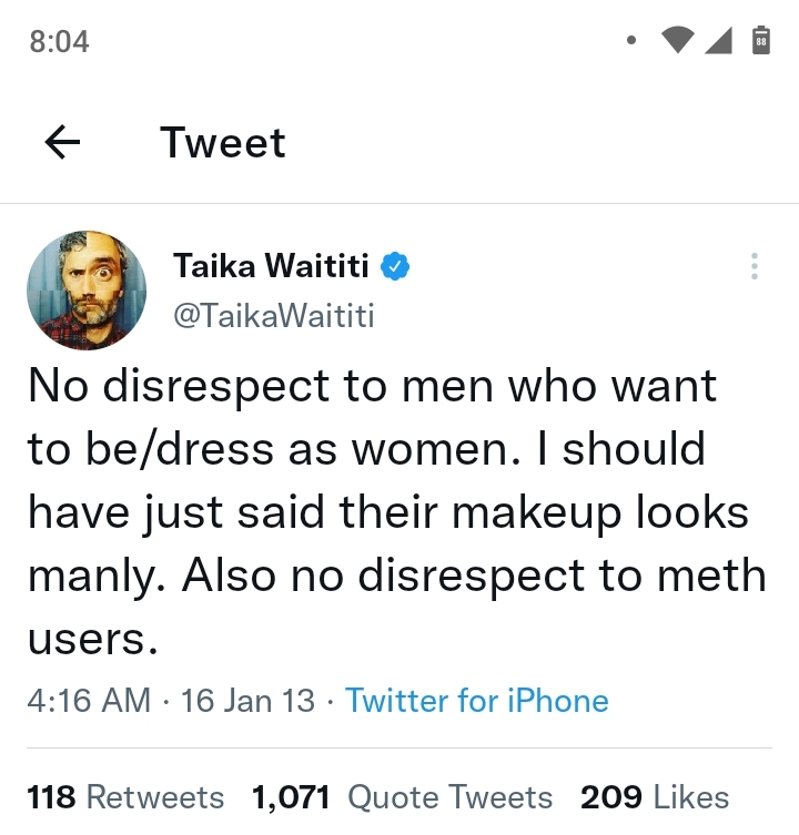 Taika Waititi, transphobic tweet, transphobic tweets