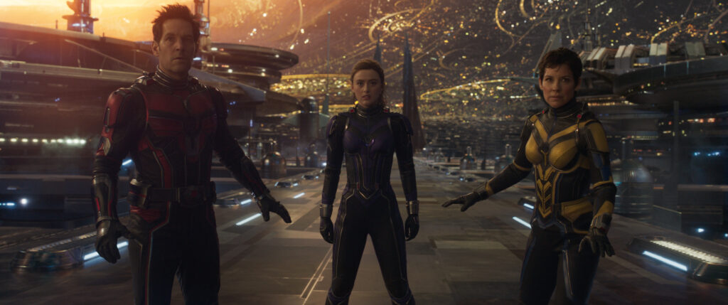 Paul Rudd, Kathryn Newton, and Evangeline Lilly in Ant-Man and the Wasp: Quantumania.