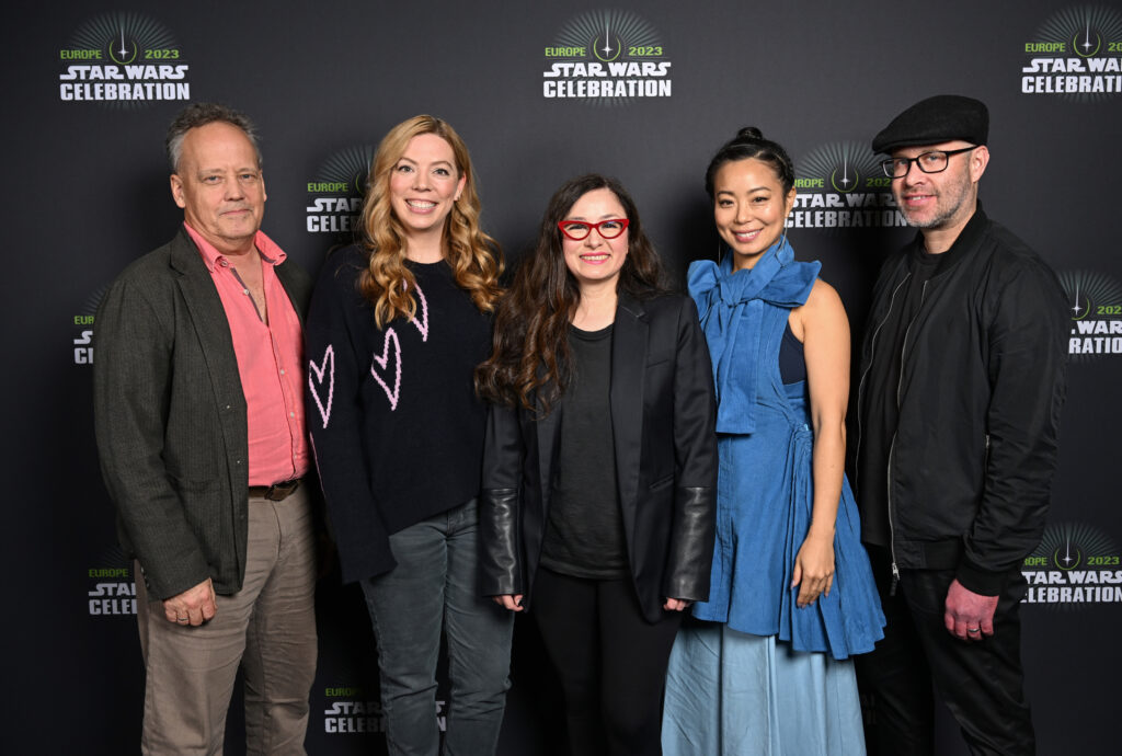 Dee Bradley Baker, Jennifer Corbett, Athena Yvette Portillo, Michelle Ang and Brad Rau attend the Star Wars: The Bad Batch panel at Star Wars Celebration 2023