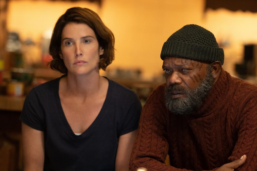 Cobie Smulders as Maria Hill and Samuel L. Jackson as Nick Fury in Marvel Studios' SECRET INVASION, exclusively on Disney+.