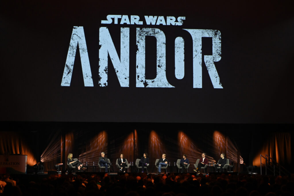 Dolly Alderton, Tony Gilroy, Kathleen Kennedy, Diego Luna, John Gilroy, LukeHull, Michael Wilkinson and Nicholas Britell onstage during the Andor studio panel