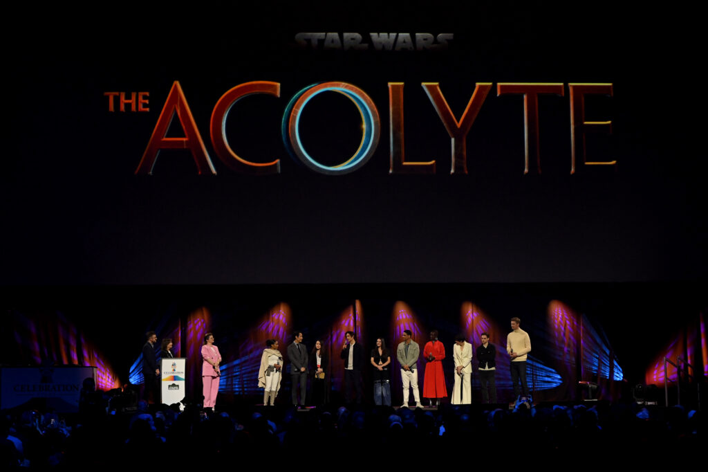 Leslye Headland, Amandla Stenberg, Lee Jung-jae, guest, Manny Jacinto, Dafne Keen Fernandez, Charlie Barnett, Jodie Turner Smith, Rebecca Henderson, Dean Charles Chapman, and Joonas Suotamo attend the studio panel at Star Wars Celebration 2023 in London