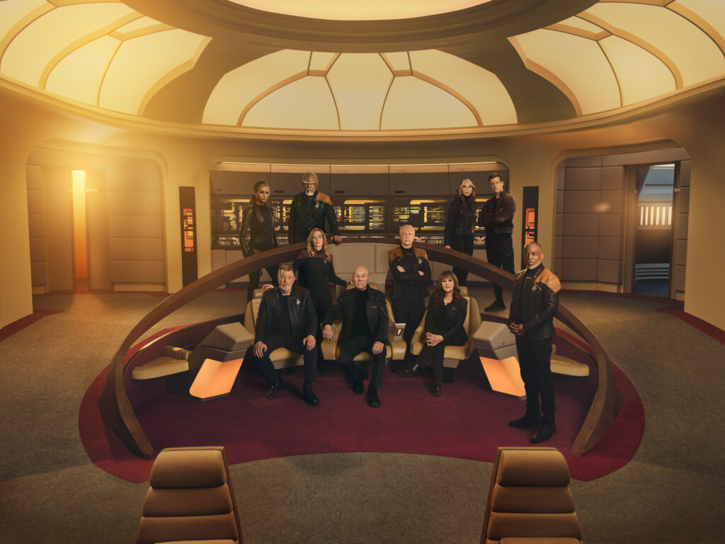 Jonathan Frakes as Riker, Jeri Ryan as Seven of Nine, Sir Patrick Stewart as Picard, Brent Spiner as Data, LeVar Burton as Geordi, Michelle Hurd as Raffi, Michael Dorn as Worf, Gates McFadden as Beverly Crusher and Ed Speleers as Jack Crusher in Star Trek: Picard on Paramount+