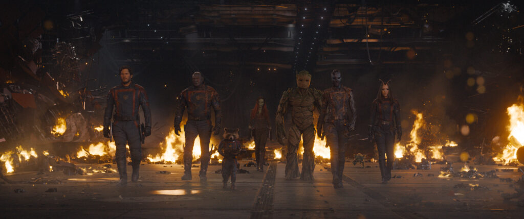 Chris Pratt as Peter Quill/Star-Lord, Dave Bautista as Drax, Rocket (voiced by Bradley Cooper), Zoe Saldana as Gamora, Groot (voiced by Vin Diesel), Karen Gillan as Nebula, and Pom Klementieff as Mantis in Marvel Studios' Guardians of the Galaxy Vol. 3.