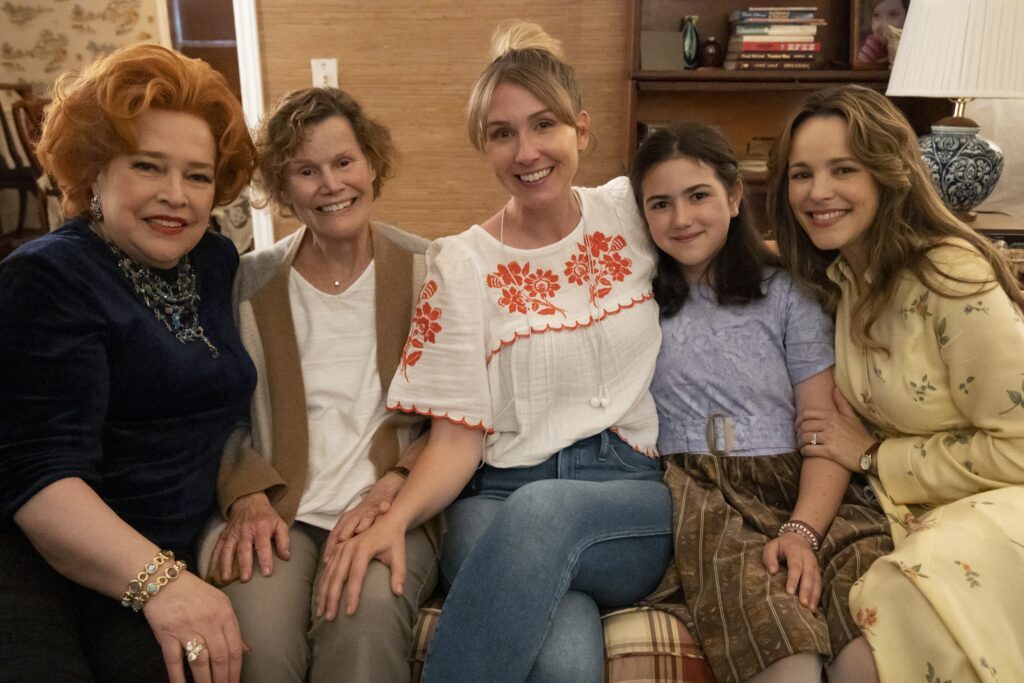 Kathy Bates as Sylvia Simon, Judy Blume - Writer, Kelly Fremon Craig - Director, Abby Ryder Fortson as Margaret Simon, and Rachel McAdams as Barbara Dimon in Are You There G-d? It’s Me, Margaret.