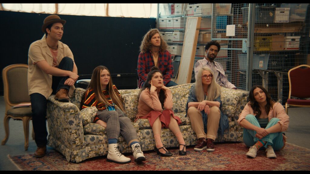 L-R: Benito Skinner (RUDY), Megan Stalter (DAVINA), Kate Berlant (CLARA), Blake Anderson (CORDEN), Megan Mullally (MARJORIE), Jak Knight (SIMON), and Chelsea Peretti (SAM) in First Time Female Director.