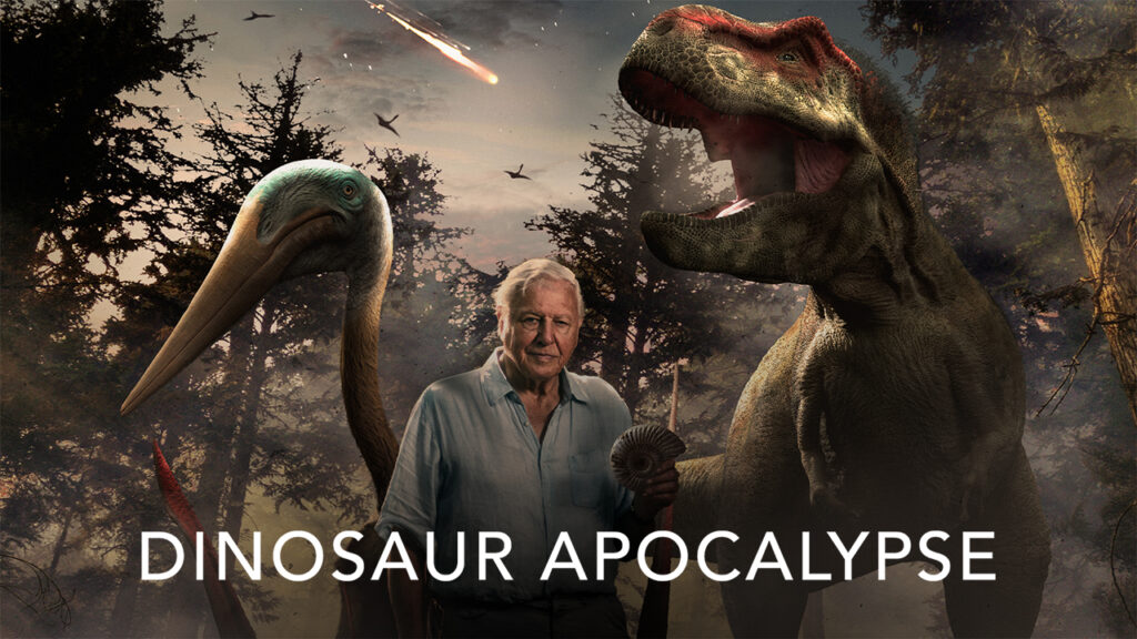 Sir David Attenborough holding an ammonite in his left hand looking to camera with VisFx Pterosaur and t. Rex behind him, with asteroid streaking through the sky in artwork for Dinosaur Apocalypse.