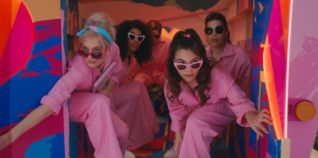 (L-R MARGOT ROBBIE as Barbie, ALEXANDRA SHIPP as Barbie, MICHAEL CERA as Allan, ARIANA GREENBLATT as Sasha and AMERICA FERRERA as Gloria in “BARBIE,” a Warner Bros. Pictures release.