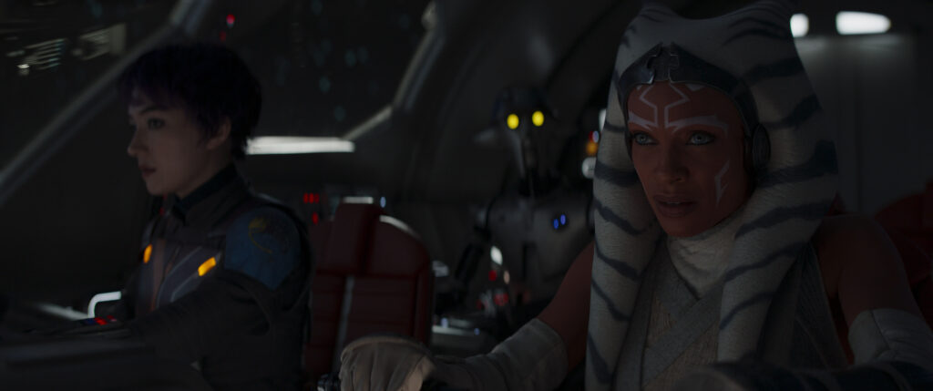 (L-R): Sabine Wren (Natasha Liu Bordizzo), Huyang (David Tennant) and Ahsoka Tano (Rosario Dawson) in Ahsoka.