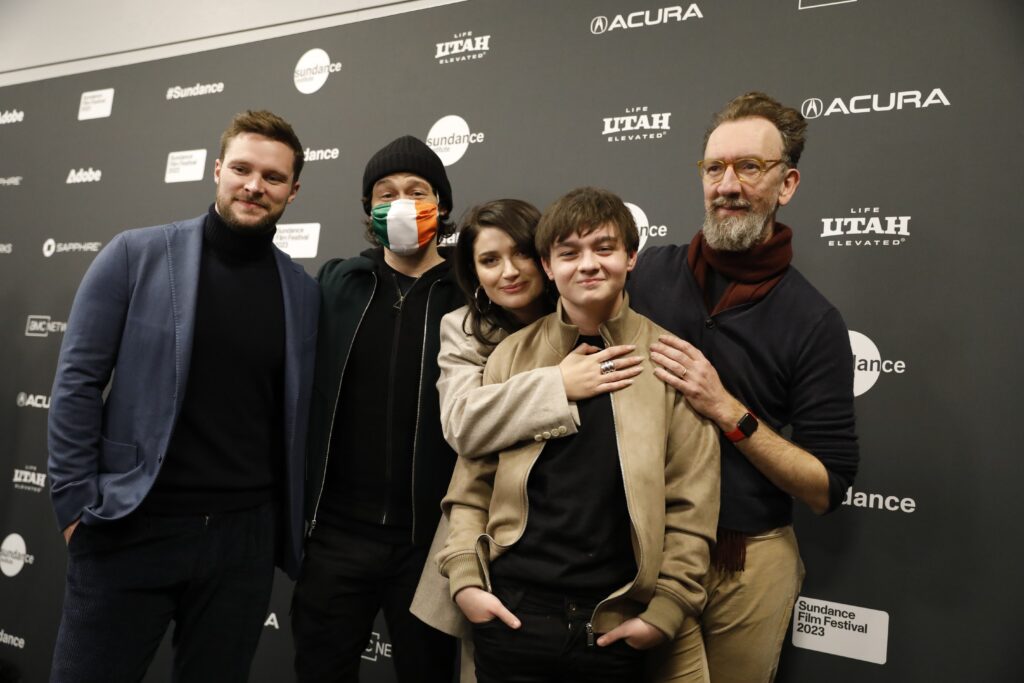 L-R: Jack Reynor, Joseph Gordon-Levitt, Eve Hewson, Orén Kinlan, and John Carney attend the Flora and Son premiere at The Ray on January 22, 2023 in Park City, Utah.