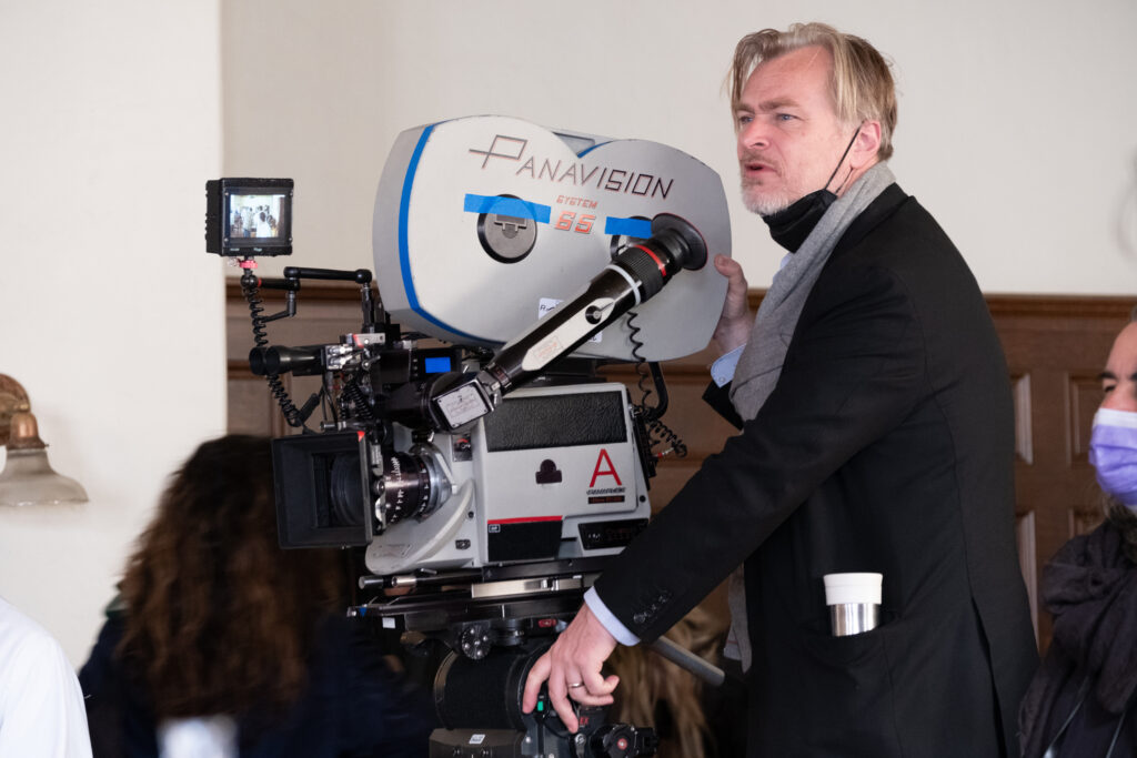 Writer, director, and producer Christopher Nolan on the set of OPPENHEIMER.