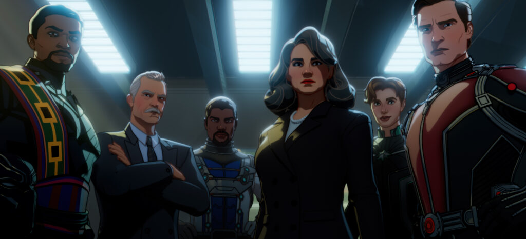 (L-R): Black Panther/King T’Chaka, Howard Stark, Bill Foster/Goliath, Peggy Carter, Dr. Wendy Lawson/Mar-vell, and Hank Pym/Ant-Man in Marvel Studios' WHAT IF…?, Season 2 exclusively on Disney+.