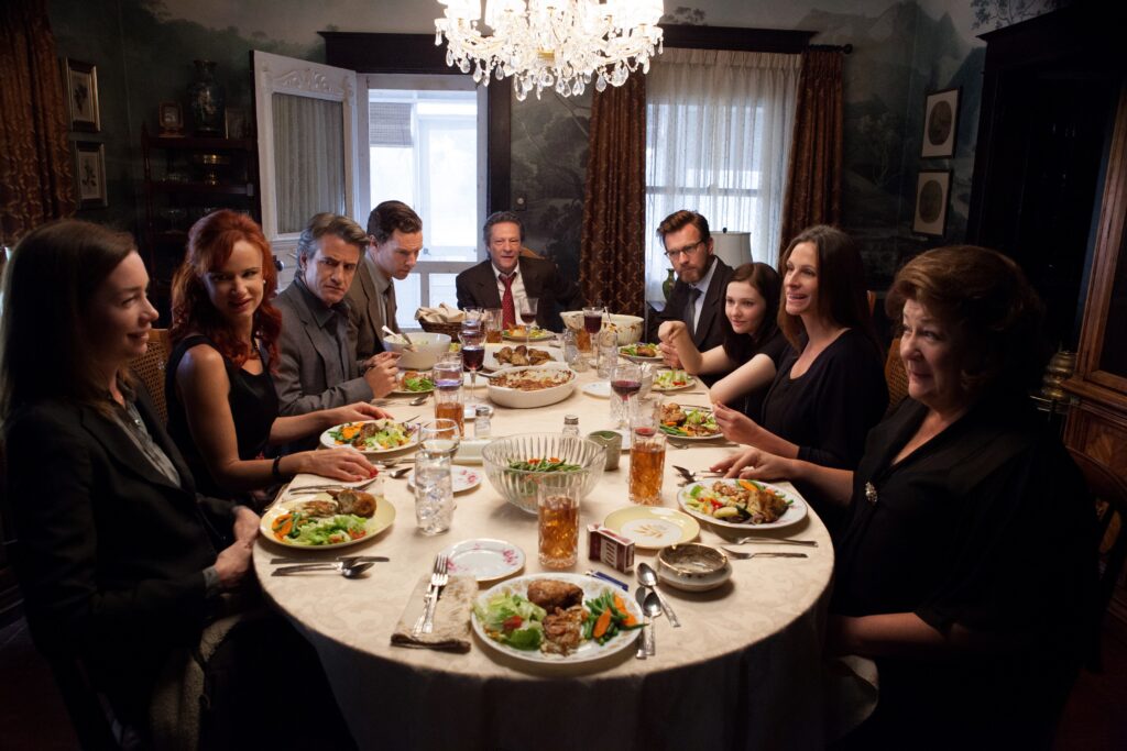 (L-R) JULIANNE NICHOLSON, JULIETTE LEWIS, DERMOT MULRONEY, BENEDICT CUMBERBATCH, CHRIS COOPER, EWAN McGREGOR, ABIGAIL BRESLIN, JULIA ROBERTS and MARGO MARTINDALE star in AUGUST: OSAGE COUNTY.