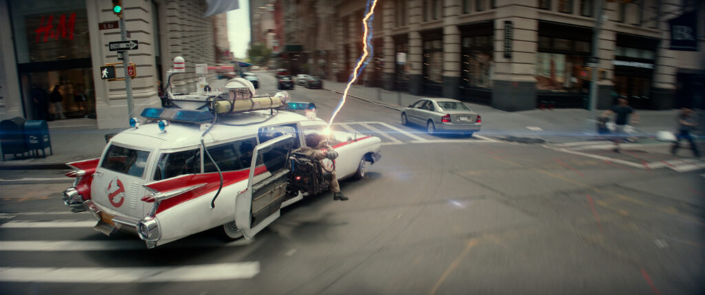 The Ecto-1 races through New York City in Columbia Pictures' GHOSTBUSTERS: FROZEN EMPIRE.