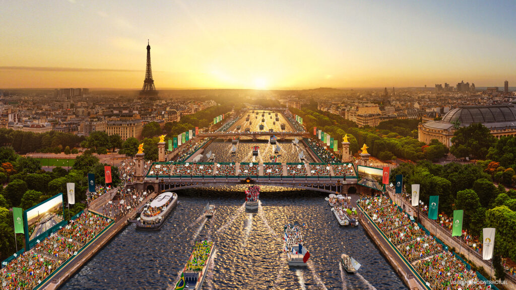 Aerial view of Paris with Eiffel tower and River Seine--rendering for 2024 Paris Olympics Opening Ceremony.