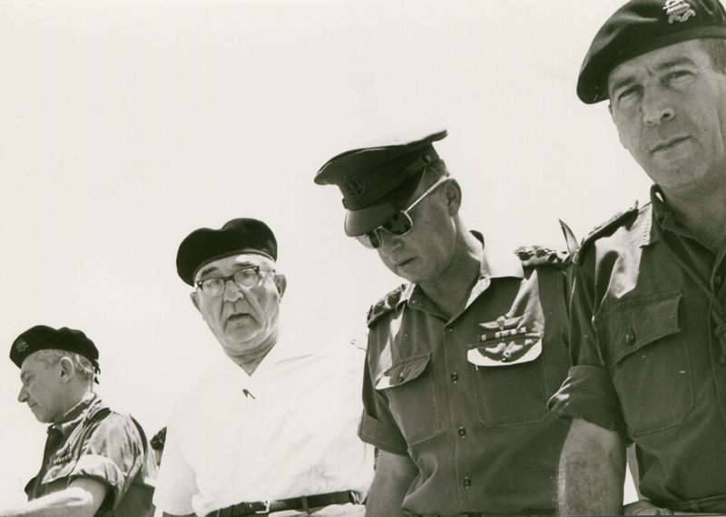 Six-Day War PM Levy Eshkol (2nd L) with Chief of Staff Yitzhak Rabin (2nd R) and Aluf Tal in the Negev.