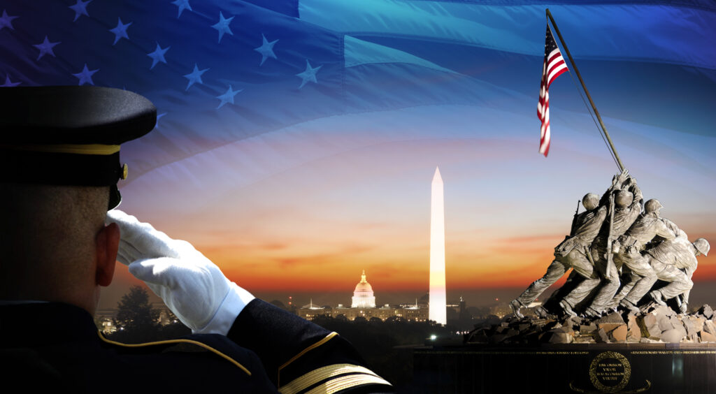 Military salute overlooking the skyline of Washington, D.C.