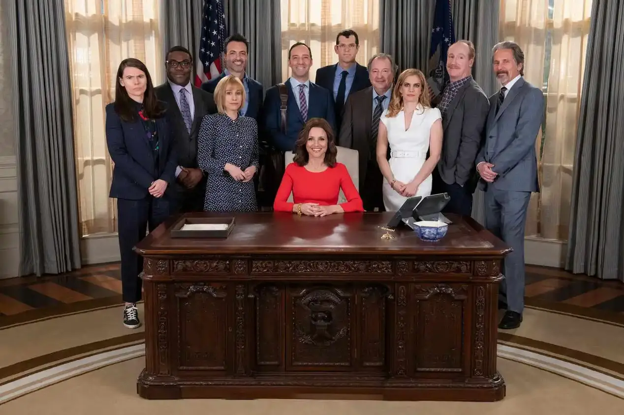 L-R: Clea DuVall, Sam Richardson, Sarah Sutherland, Reid Scott, Tony Hale, Julia Louis-Dreyfus, Timothy Simons, Kevin Dunn, Anna Chlumsky, Matt Walsh, and Gary Cole in a Veep Season 7 publicity photo.