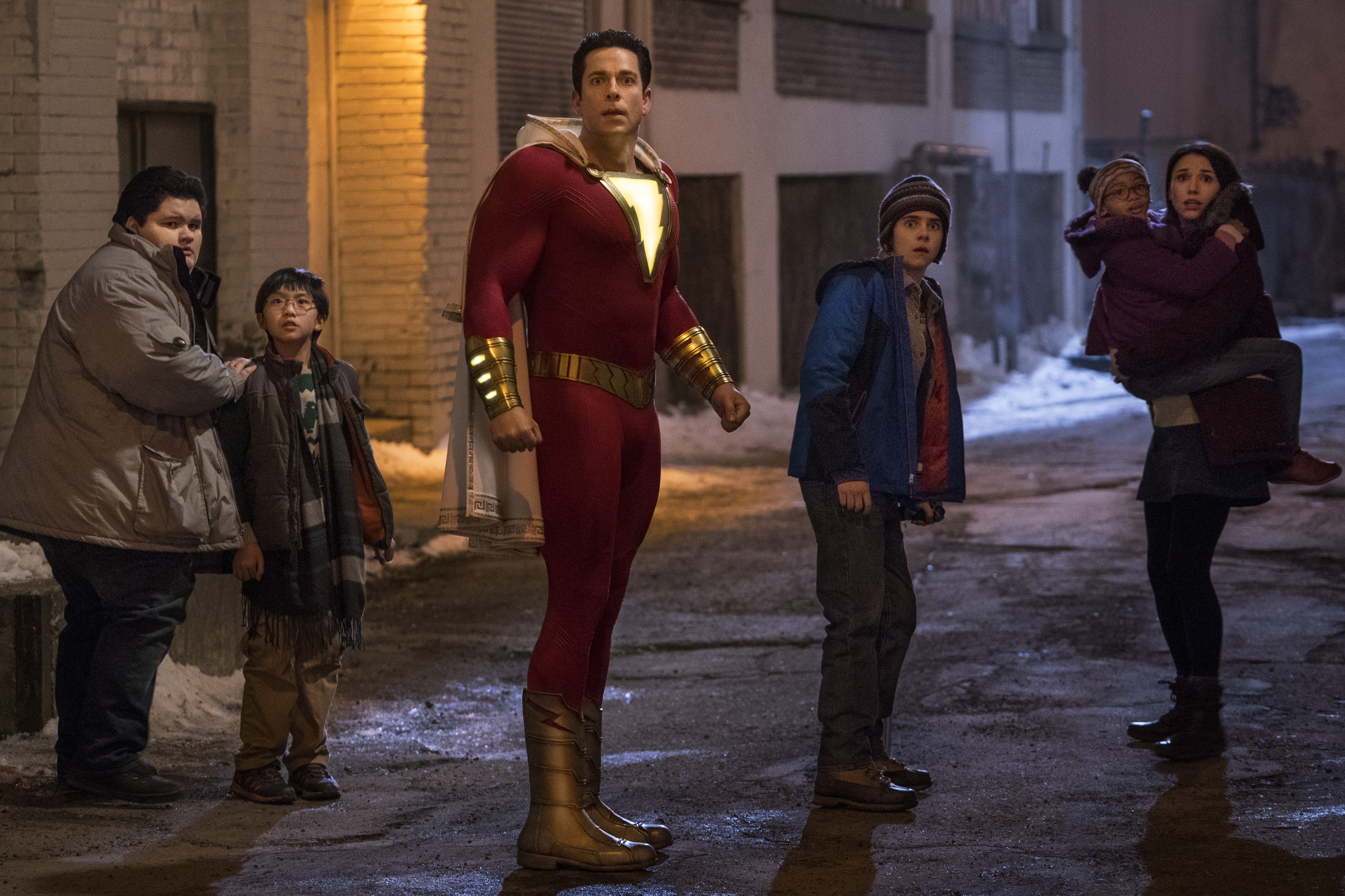 (L-r) JOVAN ARMAND as Pedro Pena, IAN CHEN as Eugene Choi, ZACHARY LEVI as Shazam, JACK DYLAN GRAZER as Freddy Freeman, FAITHE HERMAN as Darla Dudley and GRACE FULTON as Mary Bromfiels in New Line Cinema’s action adventure “SHAZAM!,” a Warner Bros. Pictures release.