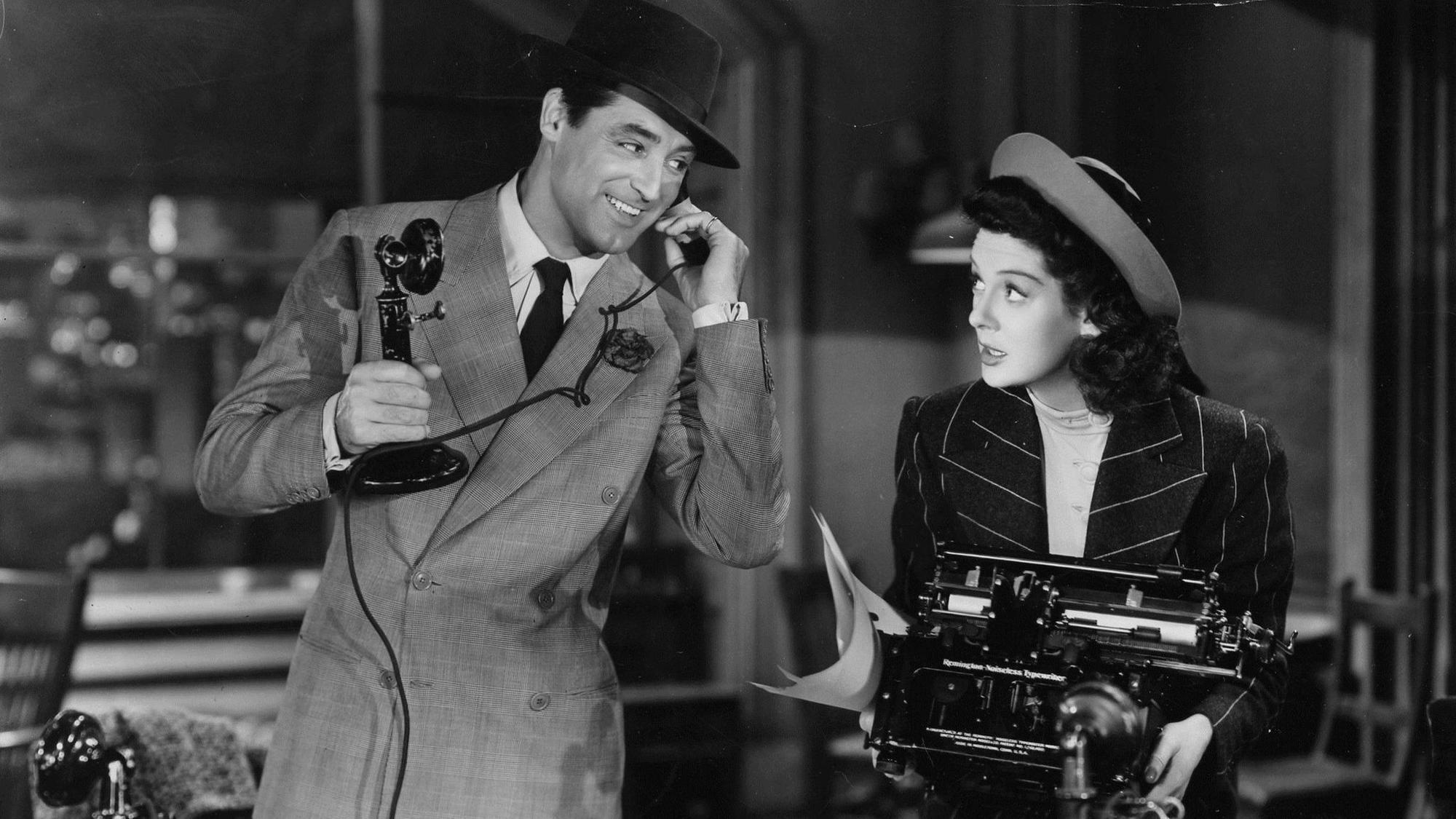 Walter Burns (Cary Grant) and Hildy Johnson (Rosalind Russell) in director Howard Hawks' His Girl Friday.