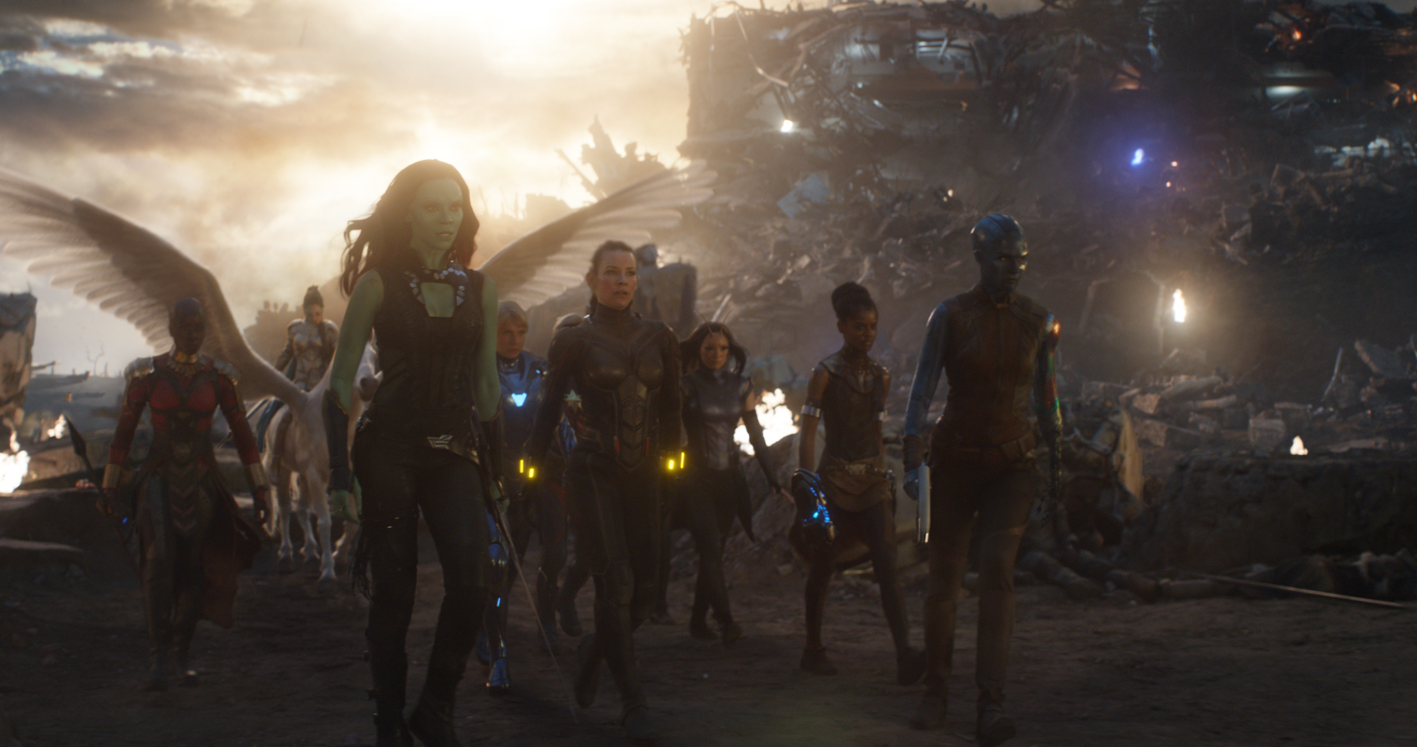 L to R: Okoye (Danai Gurira), Valkyrie (Tessa Thompson), Gamora (Zoe Saldana), Pepper Potts in Rescue Suit (Gwyneth Paltrow), Wasp (Evangeline Lilly), Mantis (Pom Klementieff), Shuri (Letitia Wright) and Nebula (Karen Gillan) in Marvel Studios' AVENGERS: ENDGAME.