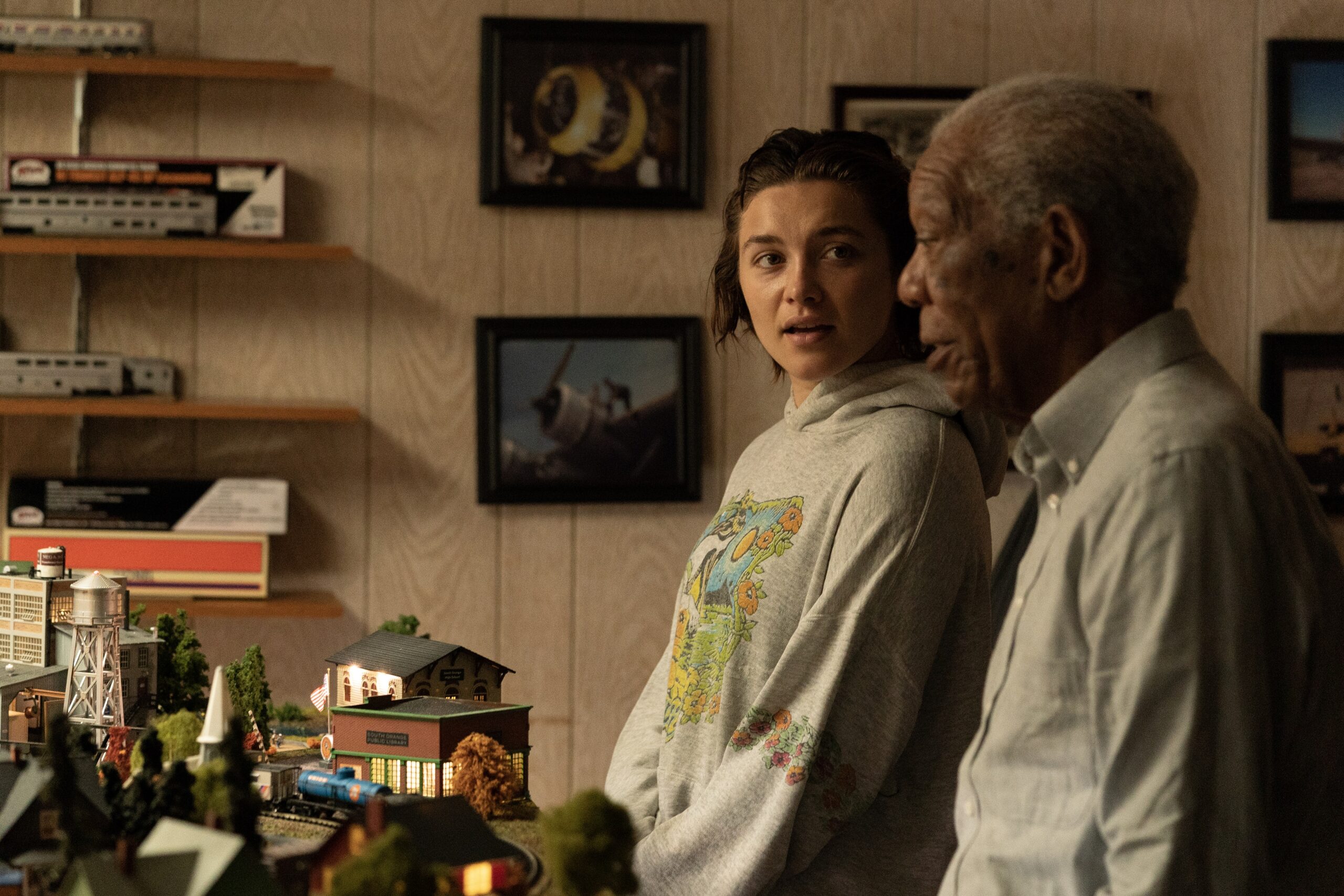 Florence Pugh (left) as Allison and Morgan Freeman (right) as Daniel in A GOOD PERSON, directed by Zach Braff, a Metro Goldwyn Mayer Pictures film.