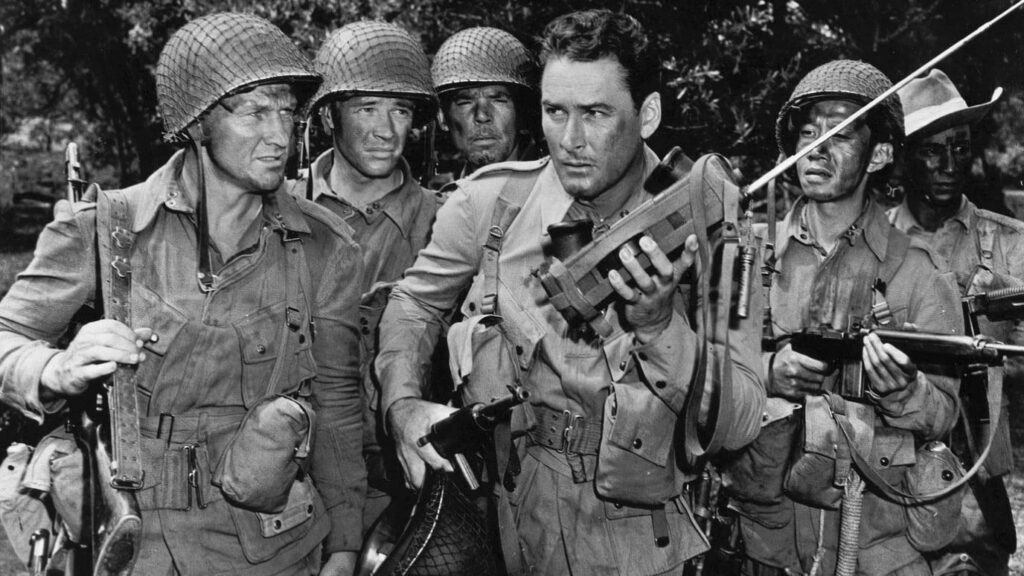 Errol Flynn (center), John Alvin, James Brown. Henry Hull, and Frank Tang in Objective, Burma!