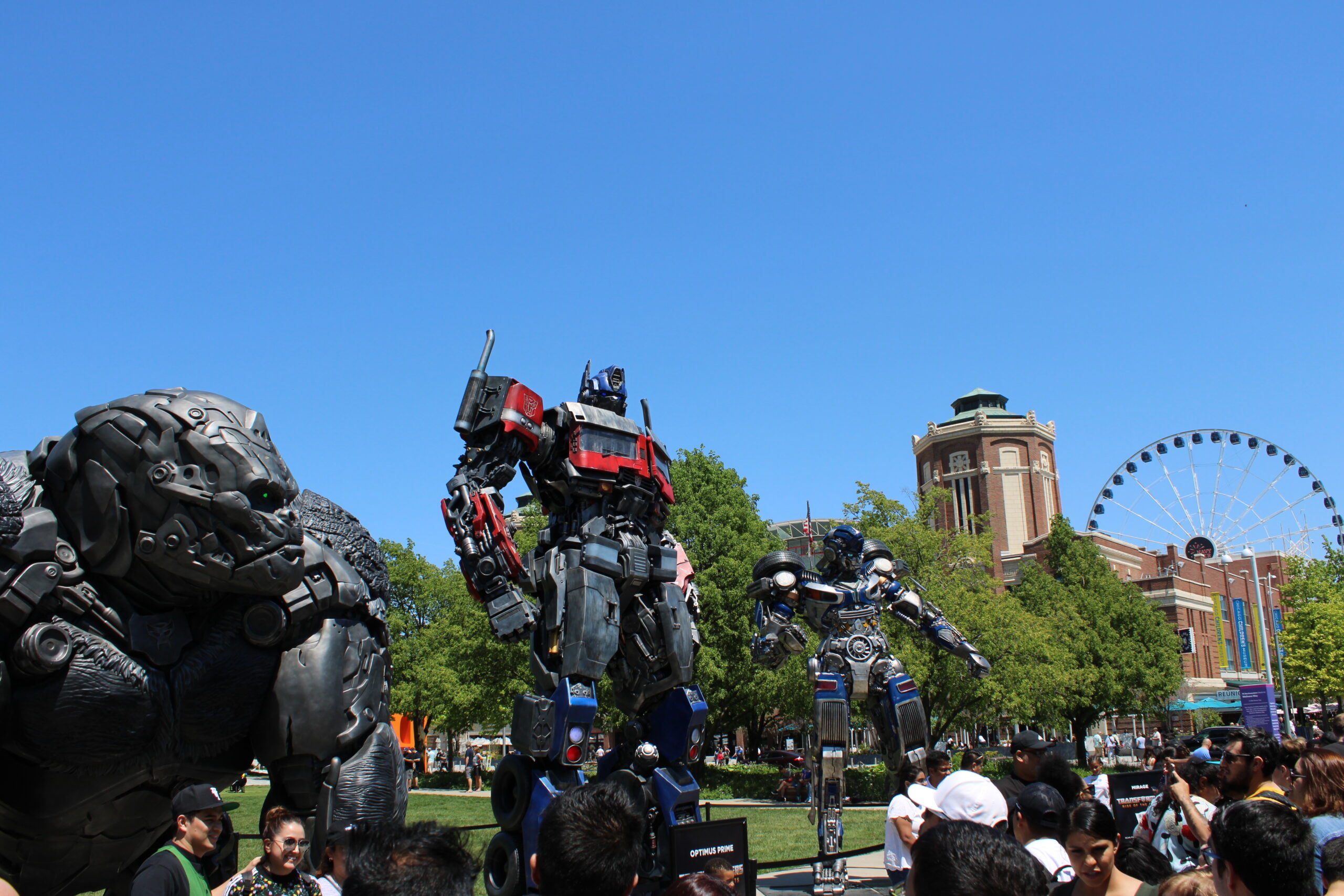 Optimus Primal, Optimus Prime and Mirage, three of the Transformers set up at the entrance to Navy Pier in Chicago.