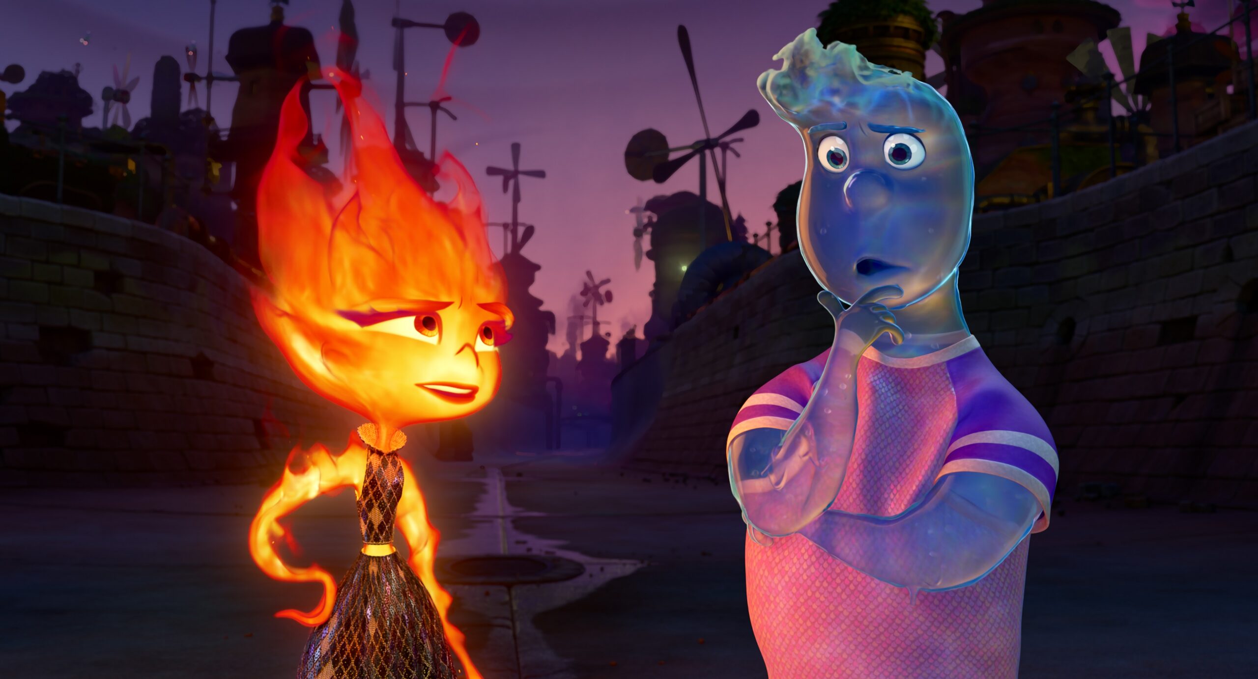 Ember (Leah Lewis) and Wade (Mamoudou Athie) in Disney and Pixar’s “Elemental.”