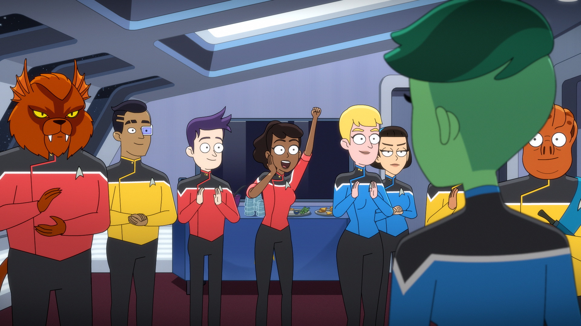 L-R: Eugene Cordero as Ensign Rutherford, Jack Quaid as Ensign Brad Boimler, Tawny Newsome as Ensign Beckett Mariner, Gabrielle Ruiz as T'Lyn and Carl Tart as Lieutenant Kayhon appearing in episode 1, season 4 of Star Treks: Lower Decks streaming on Paramount+, 2023.