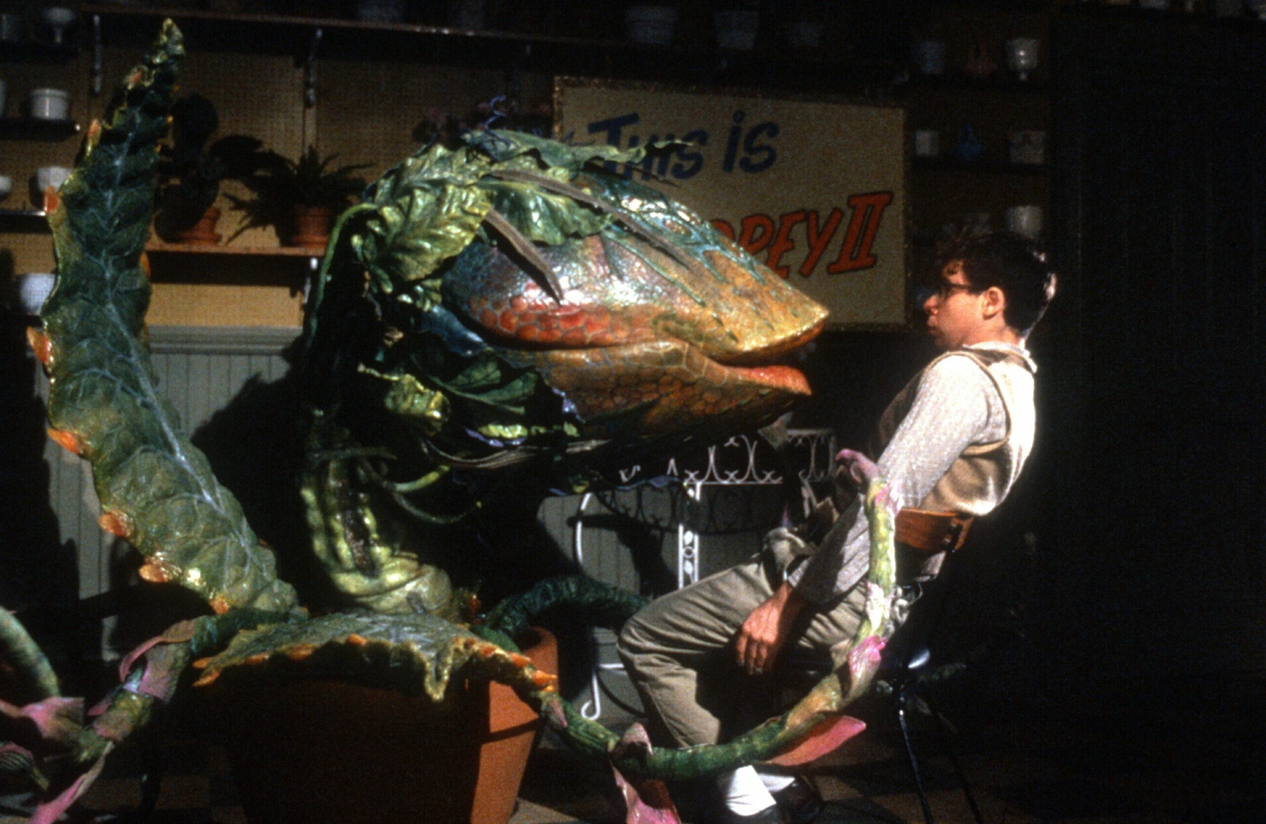 Audrey II and Seymour Krelborn (Rick Moranis) in Little Shop of Horrors.