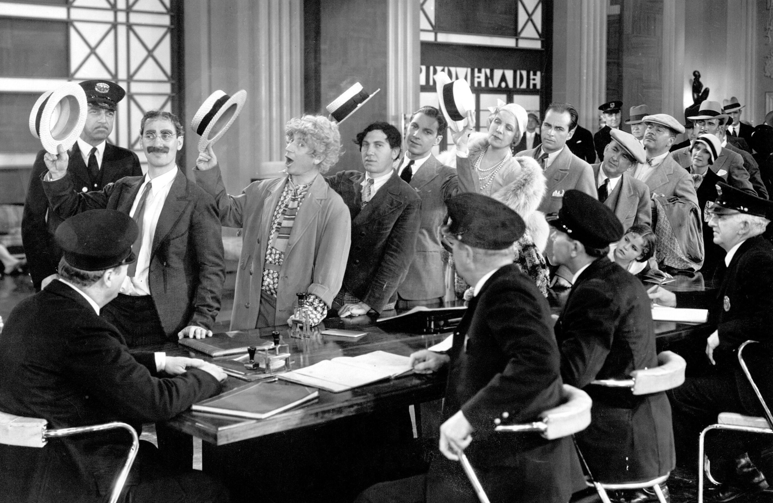 Groucho Marx, Harpo Marx, Chico Marx, and Zeppo Marx in Monkey Business.