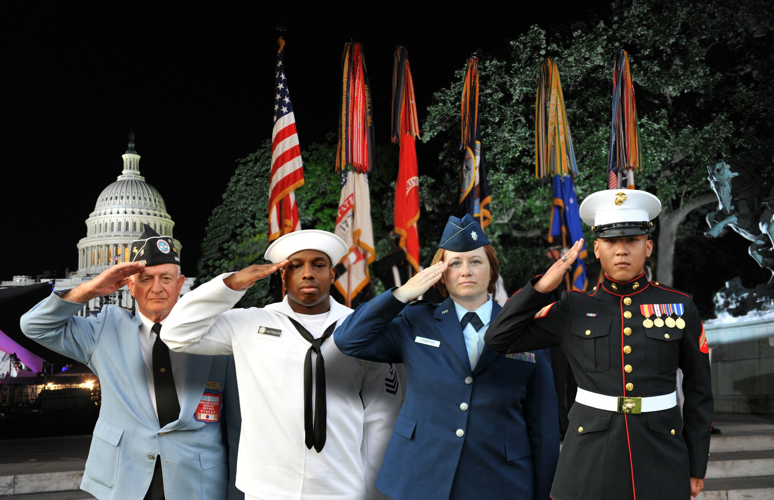 Members of the U.S. Armed Forces salute at the NATIONAL MEMORIAL DAY CONCERT.
