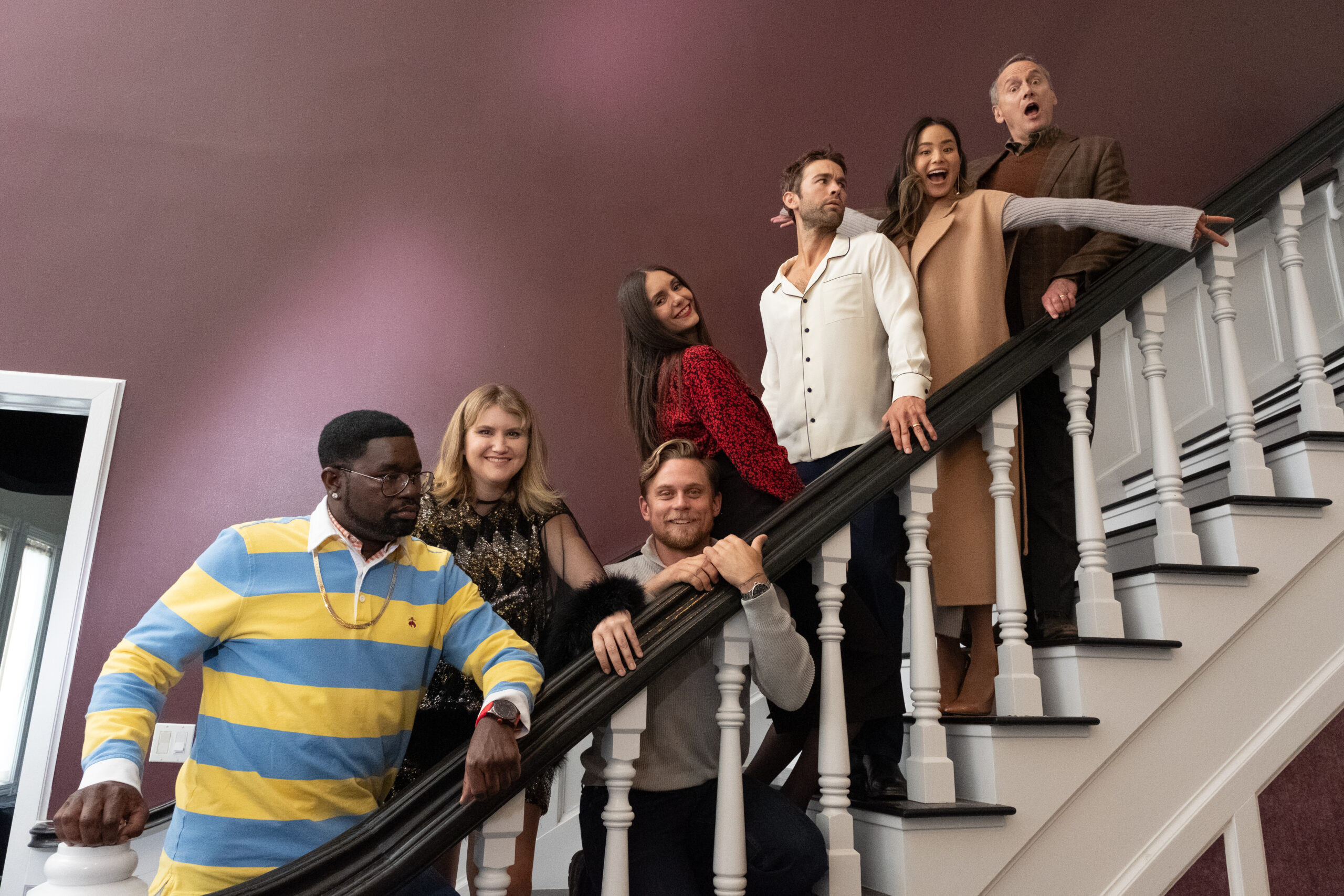 L-R: Lil Rel Howery, Jillian Bell, Billy Magnussen, Nina Dobrev, Chace Crawford, Jamie Chung, and Michael Hitchcock in a BTS shot on the set of Reunion.