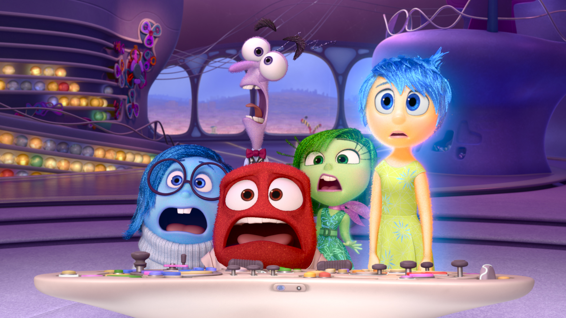 Pictured (L-R): Sadness, Fear, Anger, Disgust, and Joy in INSIDE OUT.