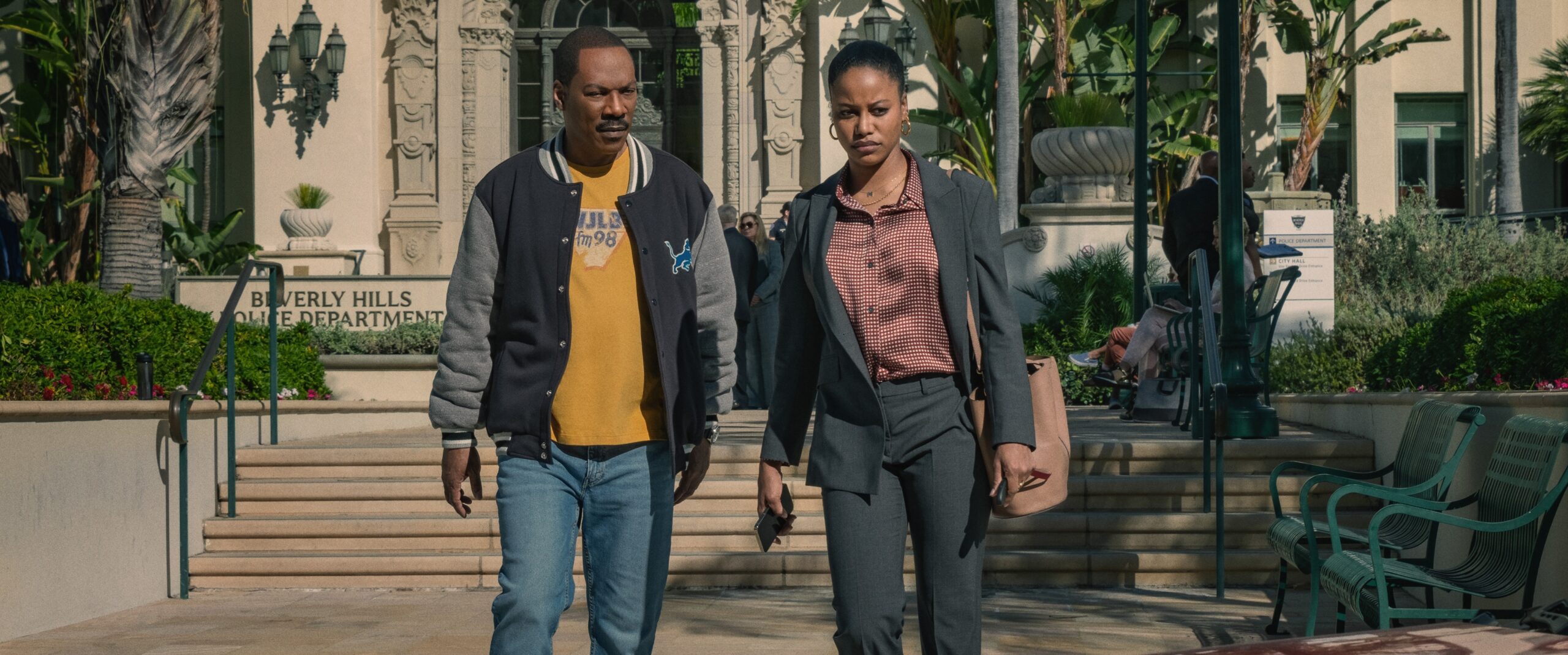 (L to R) Eddie Murphy as Axel Foley and Taylour Paige as Jane Saunders in Beverly Hills Cop: Axel F.