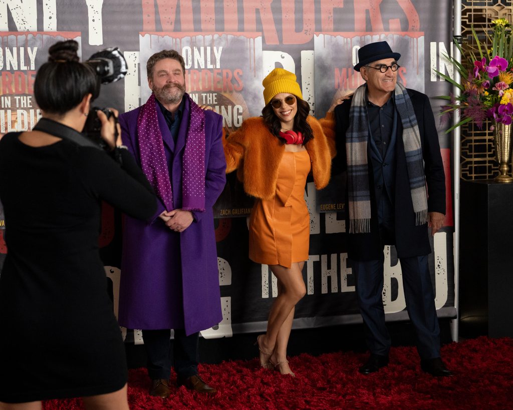 Zach Galifianakis, Eva Longoria, and Eugene Levy pictured in ONLY MURDERS IN THE BUILDING - 4x01 - “Once Upon a Time in the West”